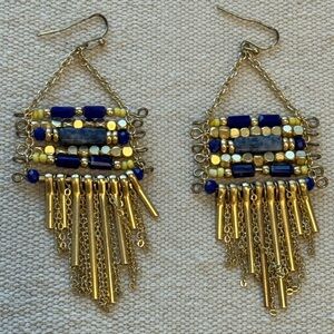 beaded blue and gold statement earrings